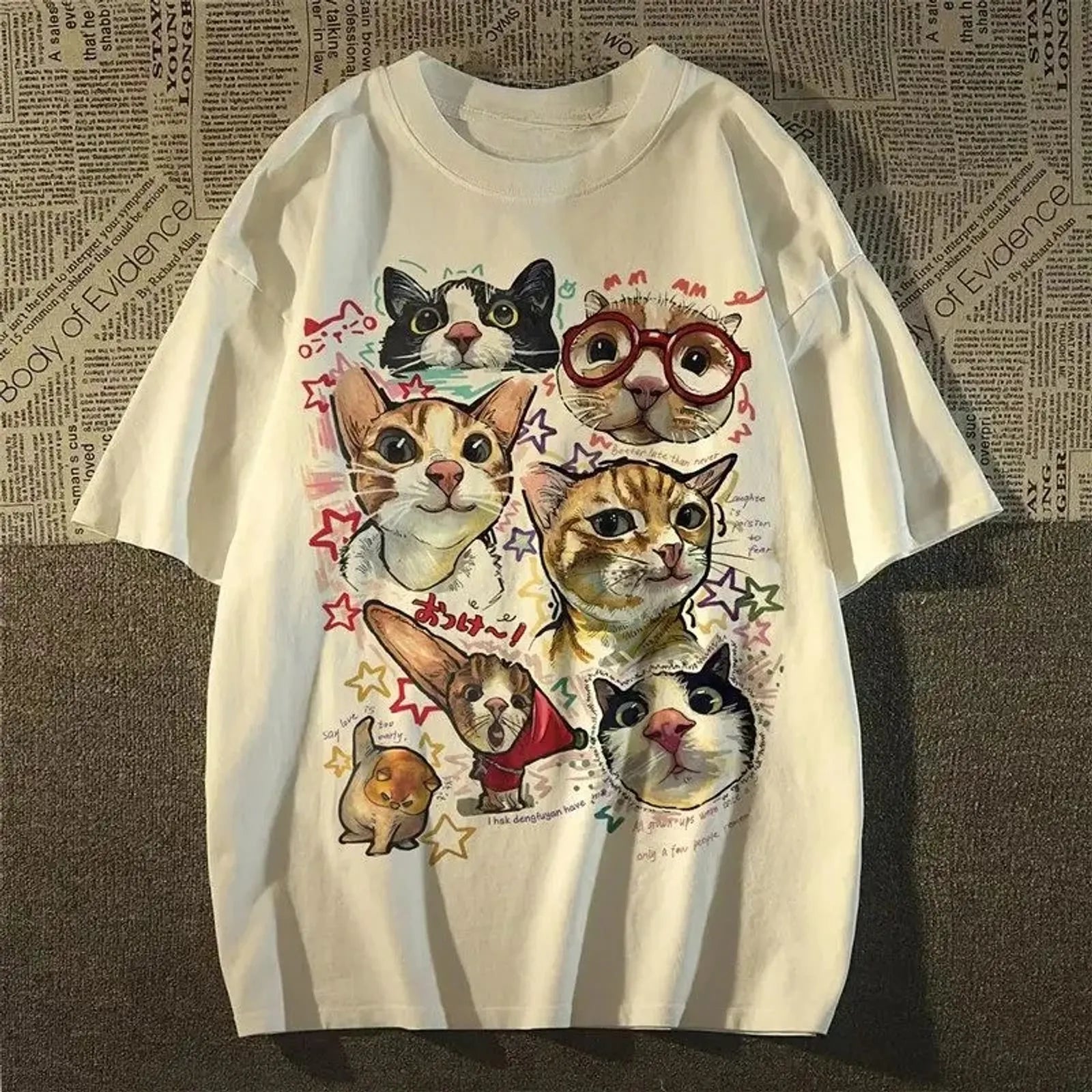 American Retro Cartoon Cat Print Short-Sleeved T-Shirt