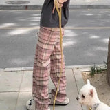 Lamb Velvet Fleece Lined Plaid Wide Leg Pants for Women