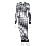 Houndstooth Print Long Sleeve Midi Dress for Women