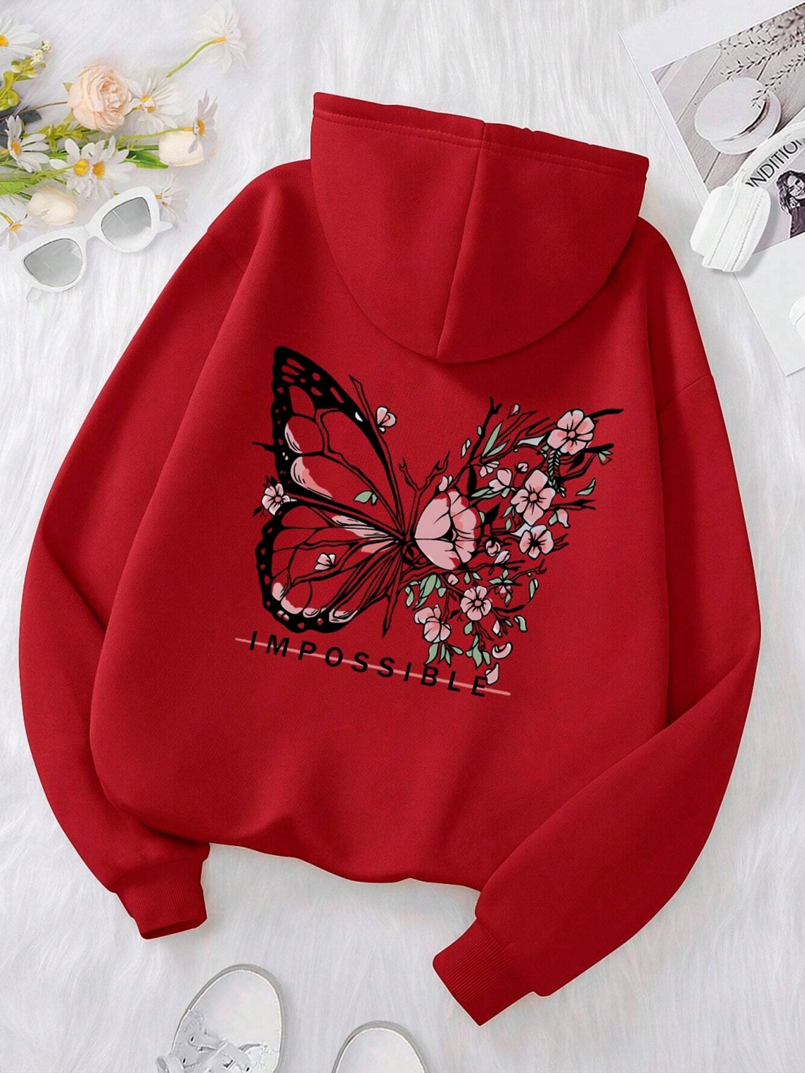 Rose Butterfly Graphic Print Hoodie for Women