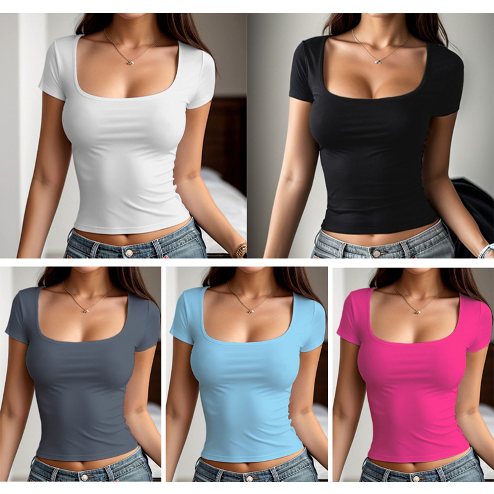 Solid Color Short Sleeve T-Shirt for Women