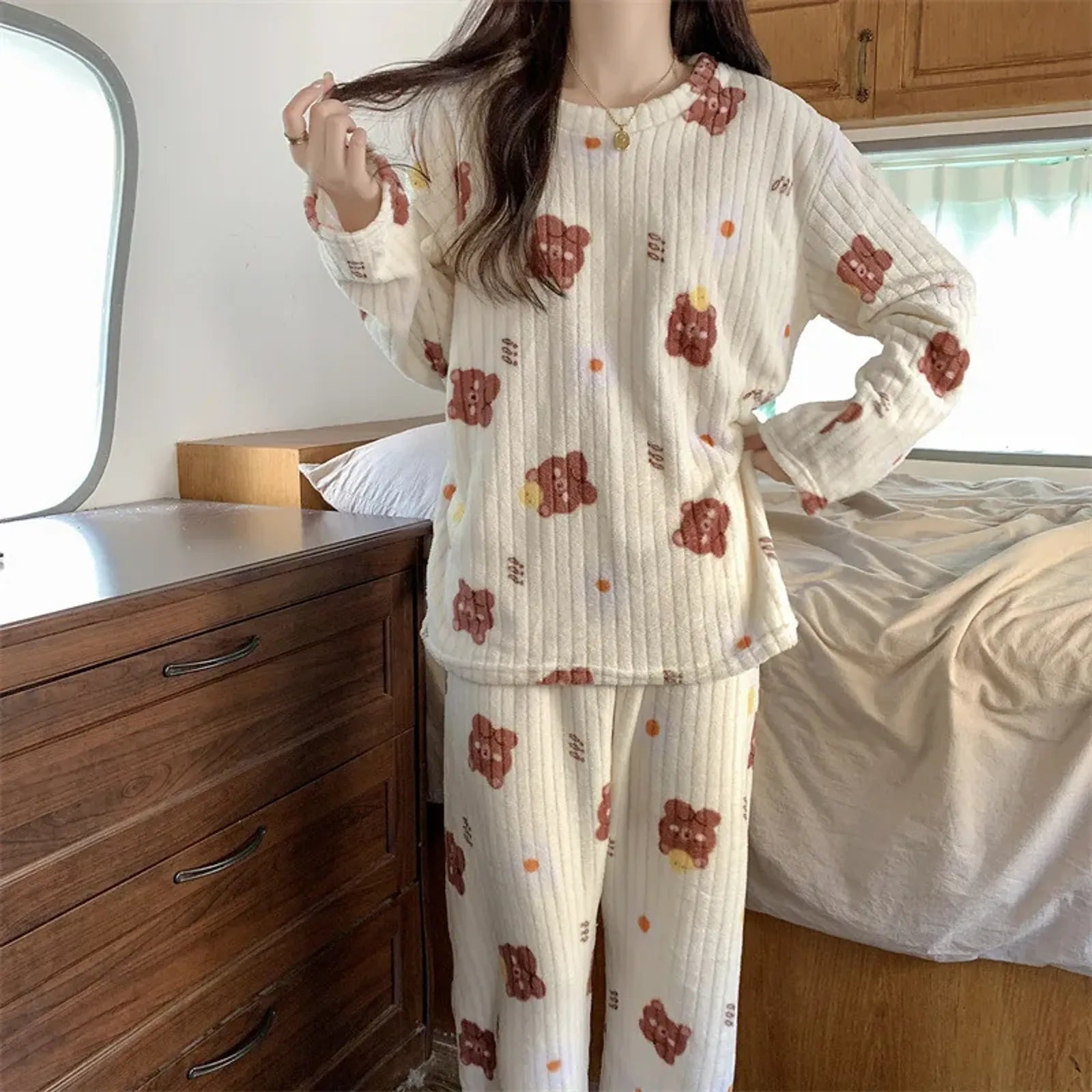 Warm Coral Fleece Pajama Set with Peach Bear Print