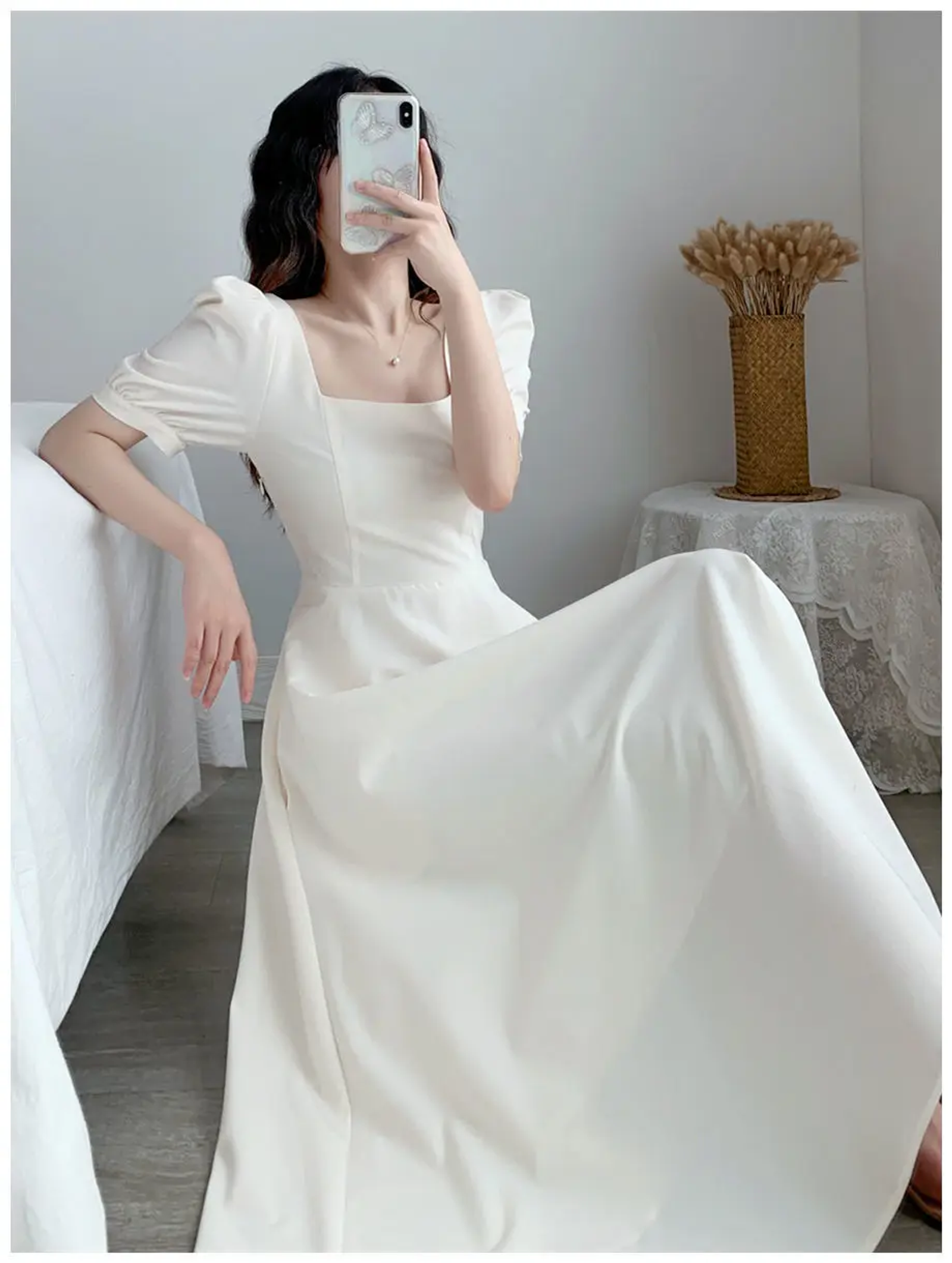 Slim Fit White Bubble Sleeve Dress with Square Neck