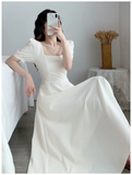 Slim Fit White Bubble Sleeve Dress with Square Neck