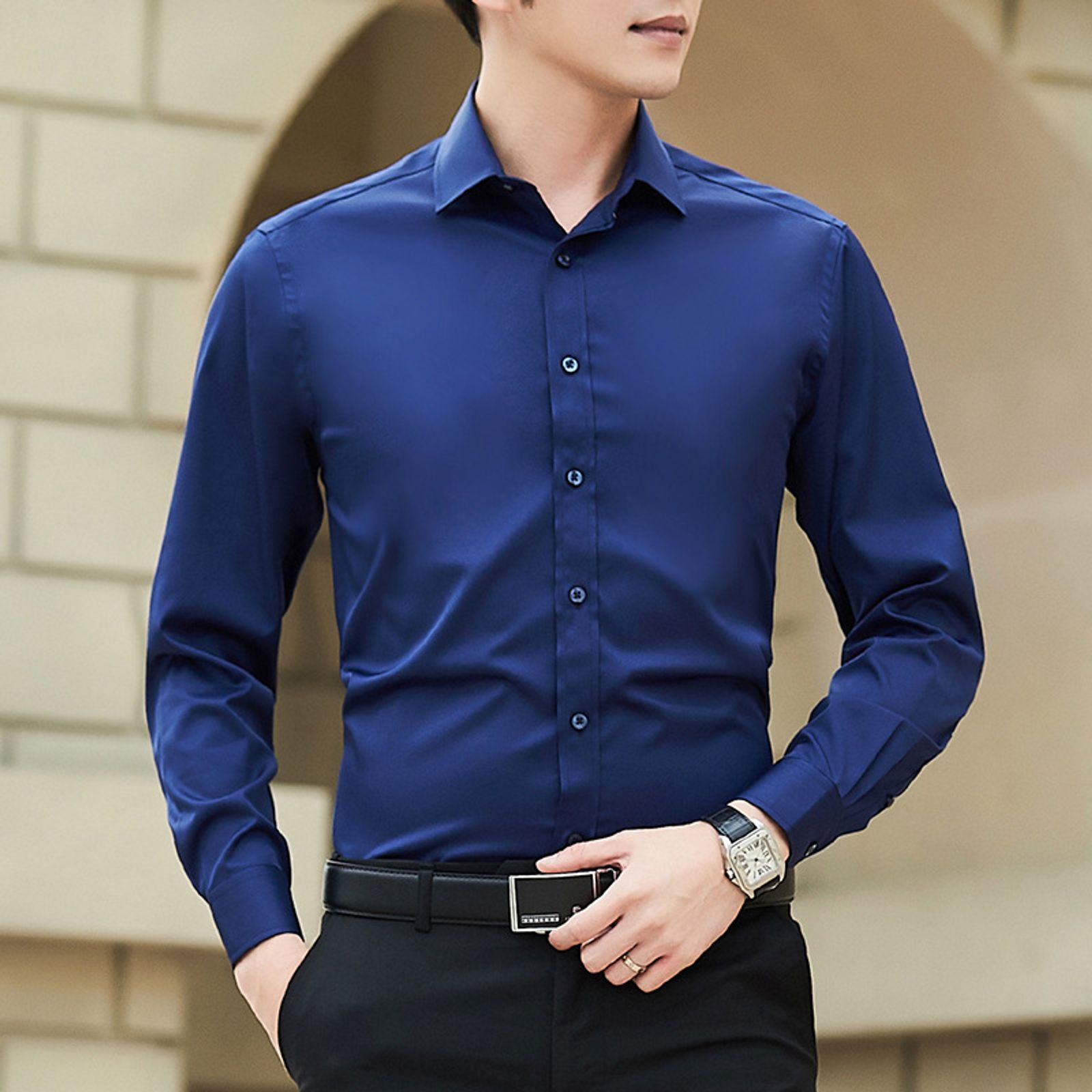 Plus Size Men’s Solid Color Long Sleeve Business Shirt