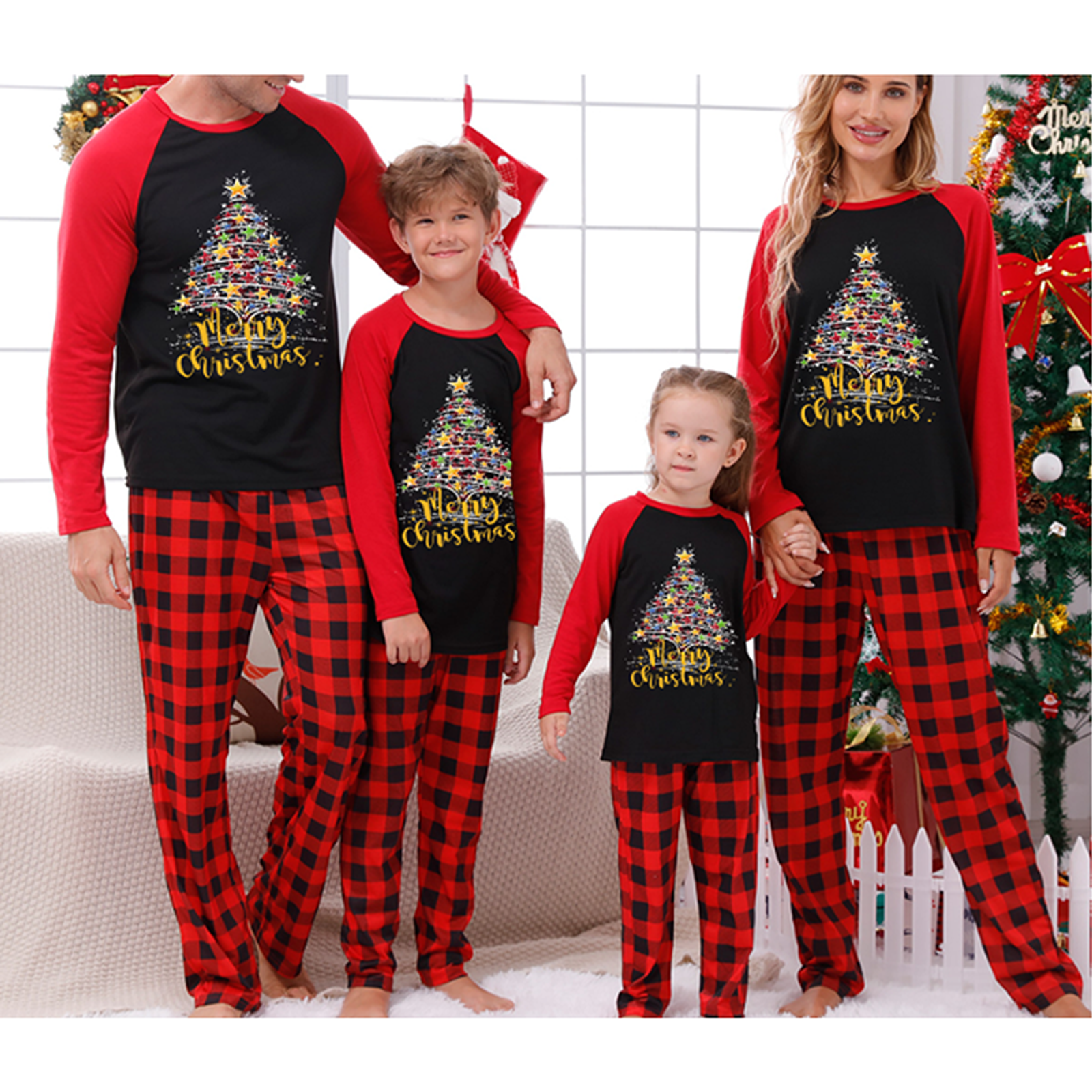 Christmas Family Pajamas Set with Hat and Buffalo Plaid Pants