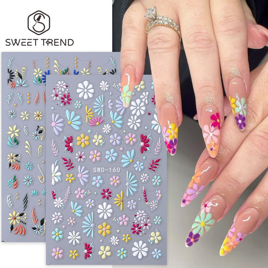 2pcs Colorful Floral Nail Decals for DIY Manicure