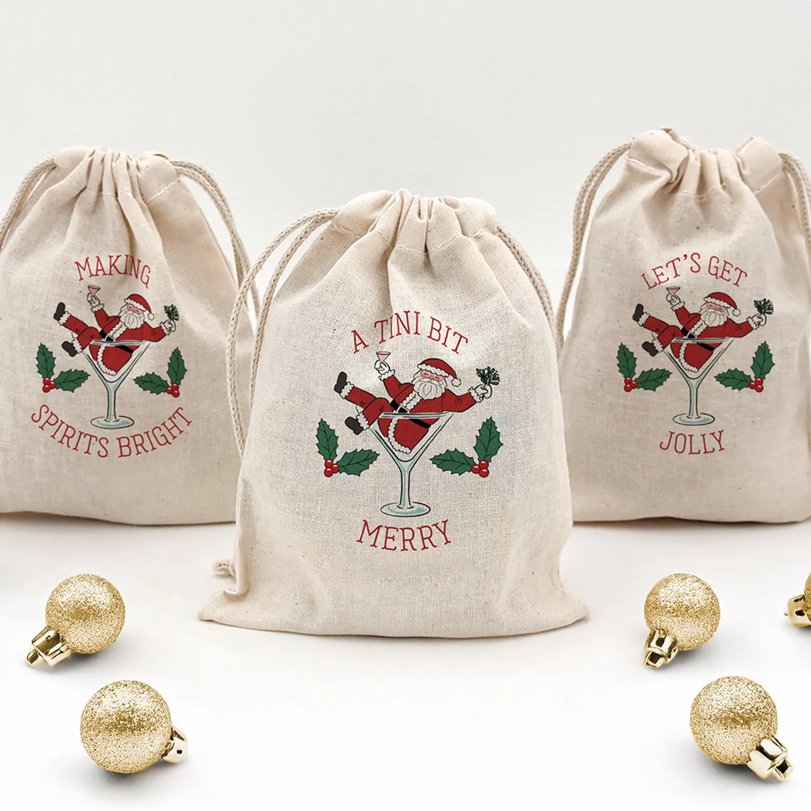 5-Piece Merry Santa in Martini Glass Drawstring Bags