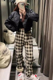 Lamb Velvet Fleece Lined Plaid Wide Leg Pants for Women