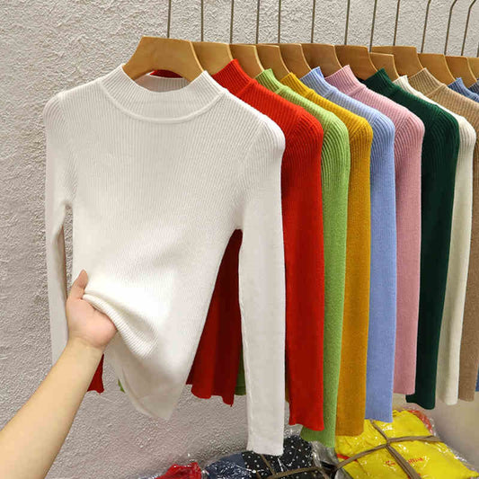Women's Long Sleeve Mock Neck Knitted Pullover Sweater