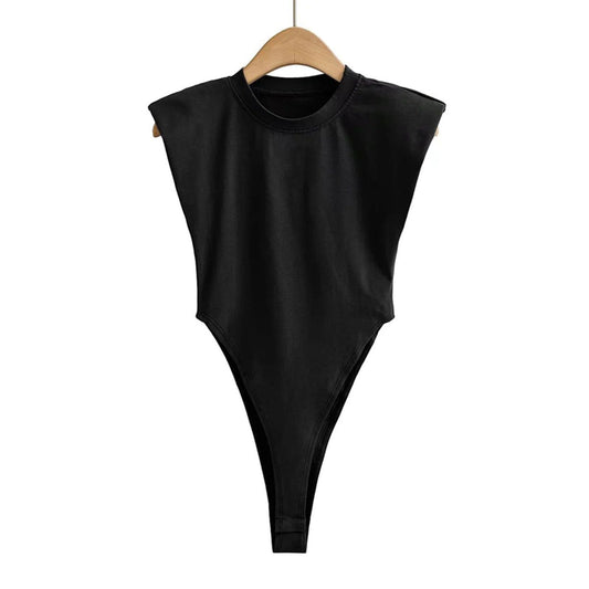 Women's Black Sleeveless Bodysuit with Padded Shoulders