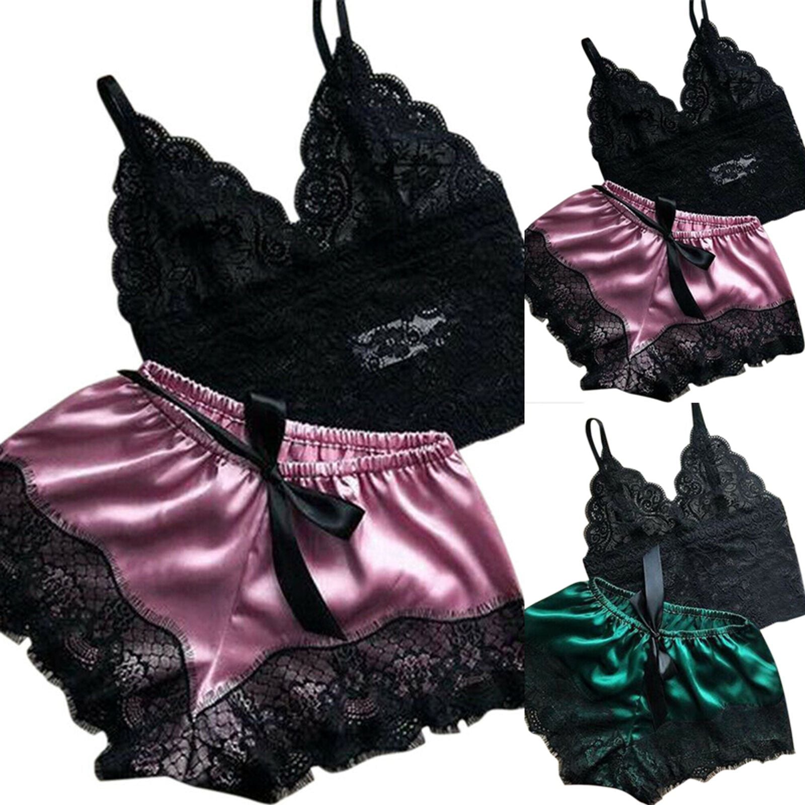 2PC Womens Lace Sleepwear Lingerie Set with Shorts