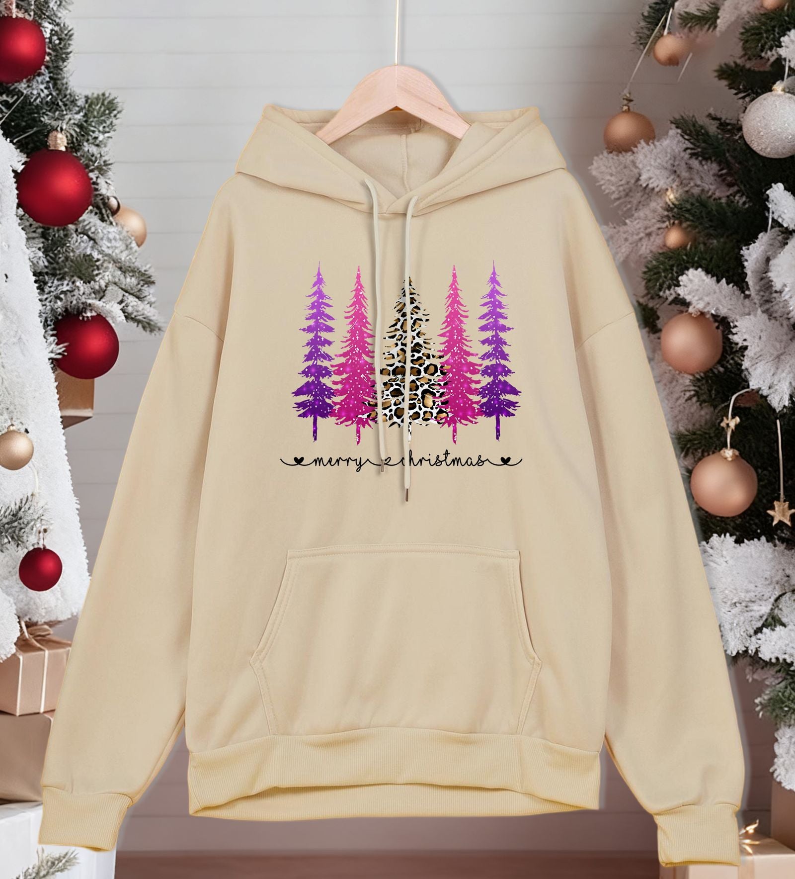 Merry Christmas Tree Print Hoodie for Men