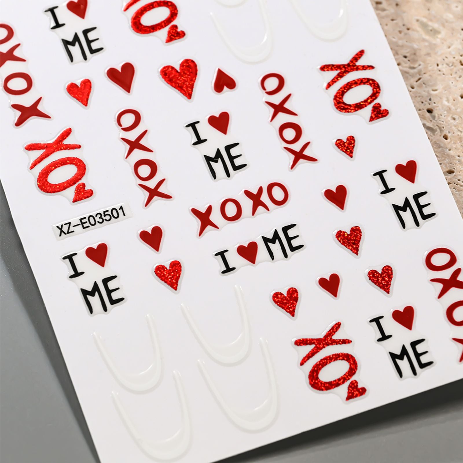 XOXO Valentine's Day 3D Red Glitter Heart Nail Stickers