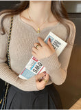Chic V-Neck Knitted Ribbed Sweater for Women