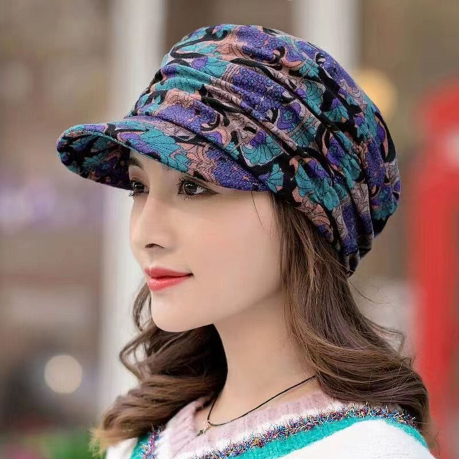 Women’s Peaked Cap with Earflaps - Floral Print