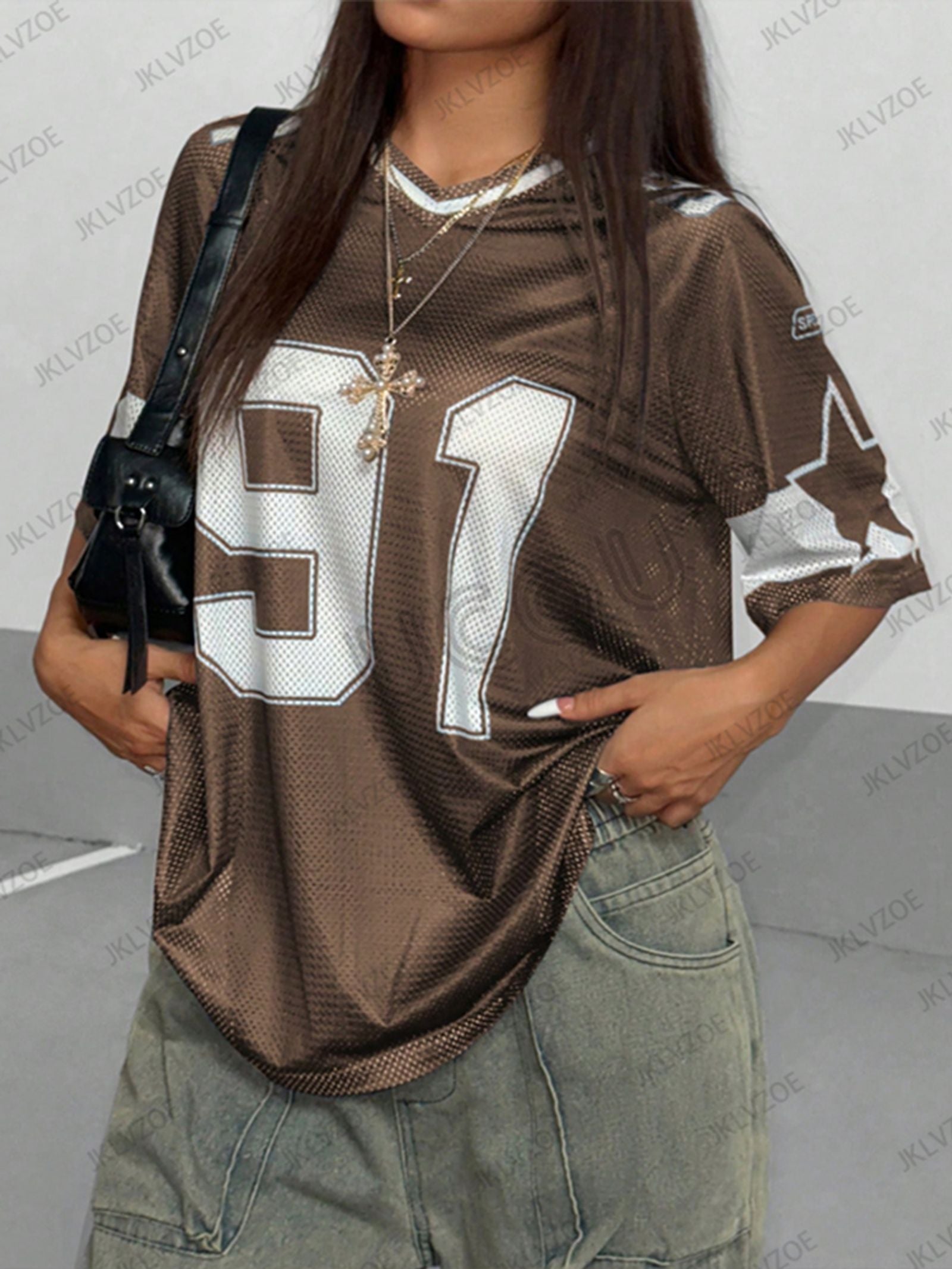 Women's Oversized Black V-Neck Speed 91 Sports T-Shirt