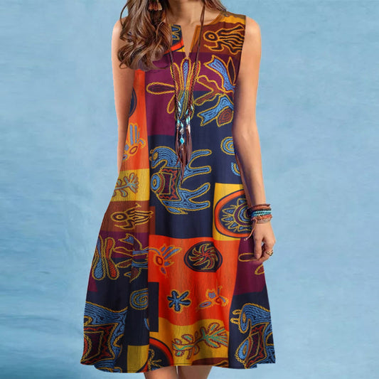2024 V-neck Sleeveless Printed Dress with Large Hem