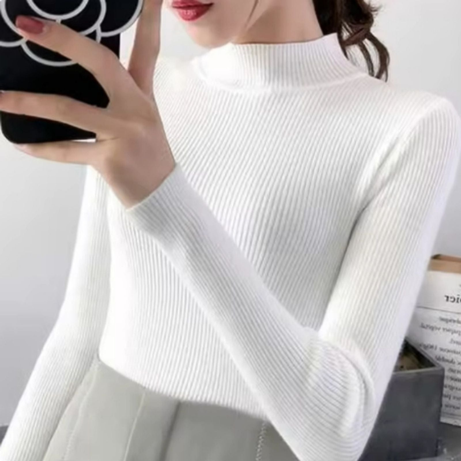 Autumn Winter Mock Neck Women's Vintage Knitted Sweater