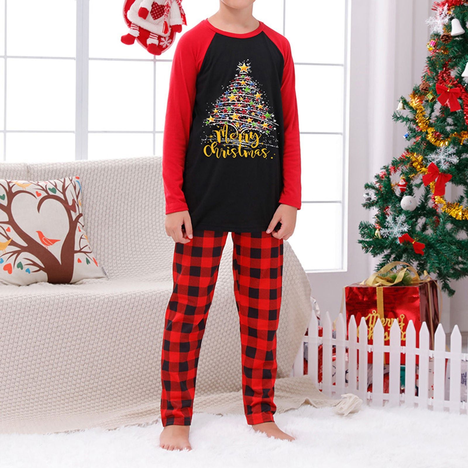 Christmas Family Pajamas Set with Hat and Buffalo Plaid Pants