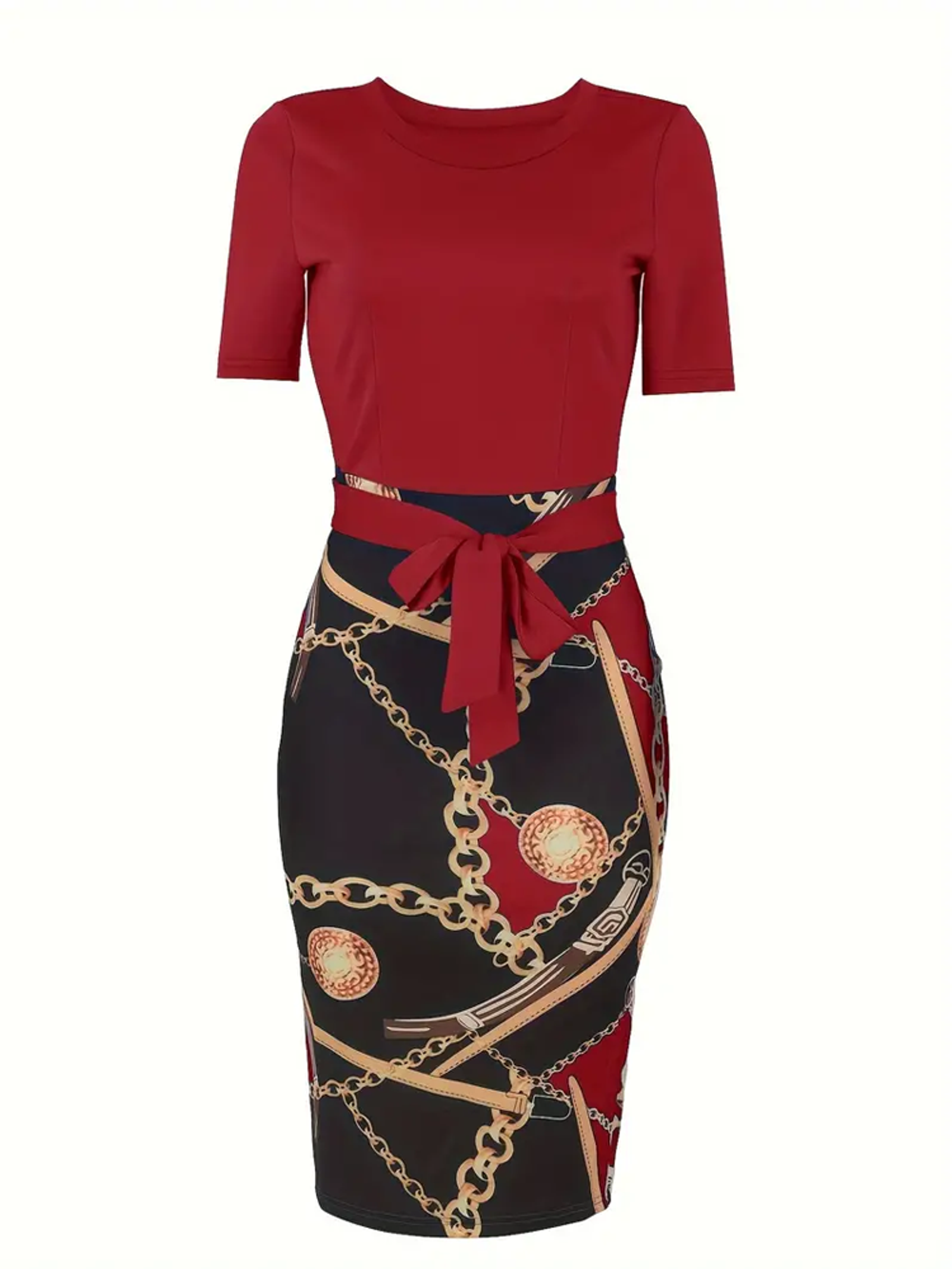 Women's Colorblock Chain Print Wrap Dress with Belt