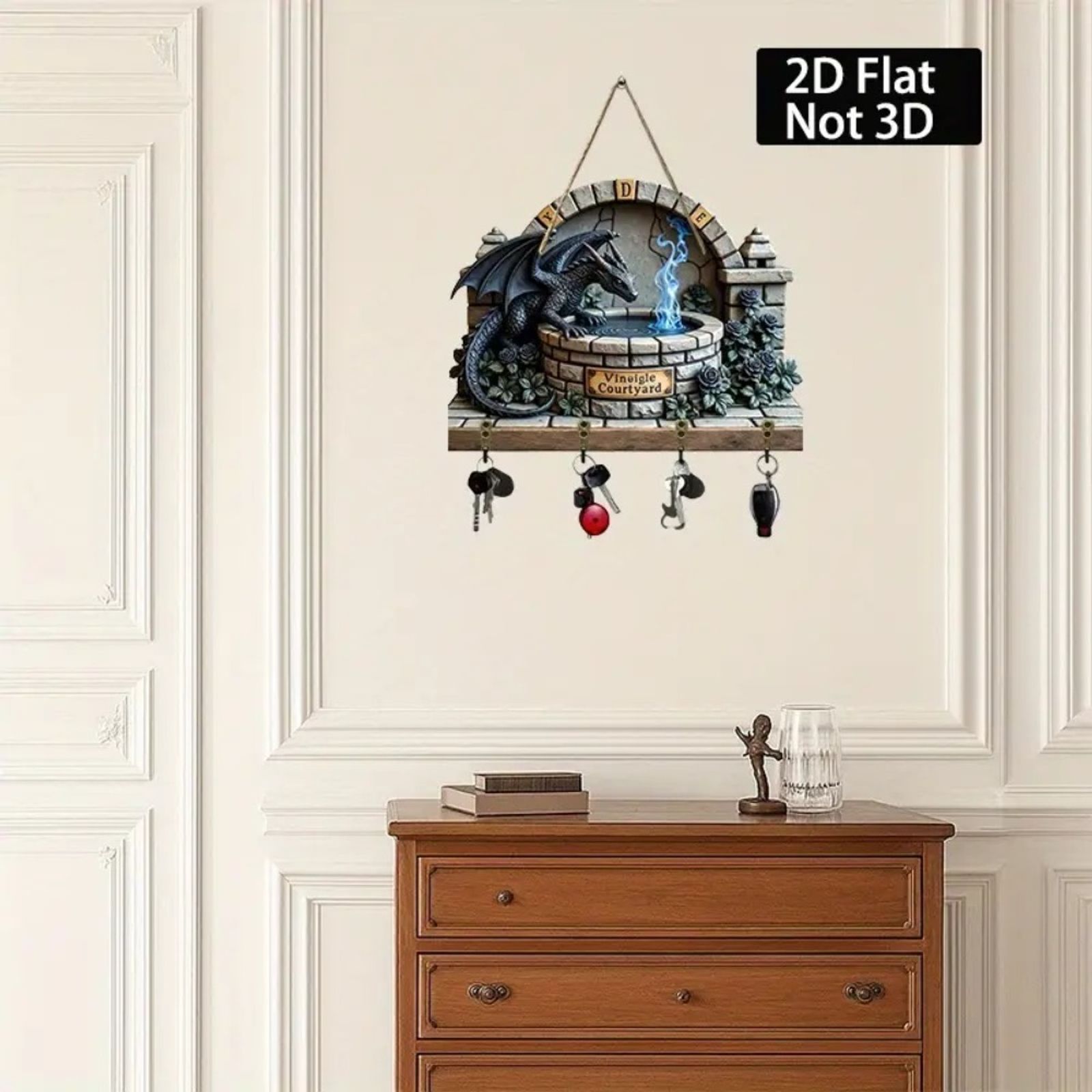 2D Dragon Pattern Wooden Key Holder with Metal Hooks