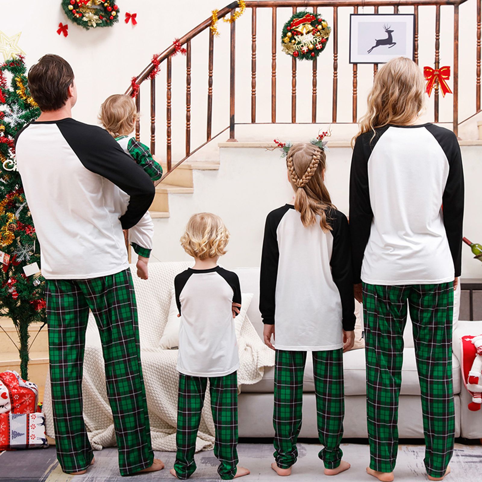 Matching Christmas Family Pajamas Set with Green Plaid Pants
