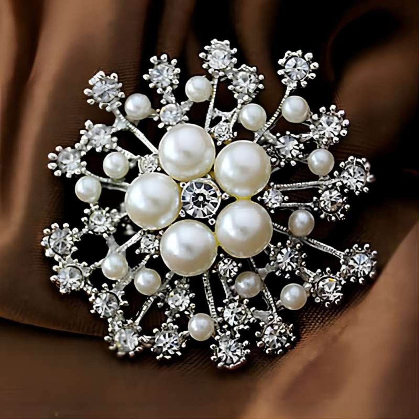 Large Rhinestone Pearl Snowflake Brooch for Women
