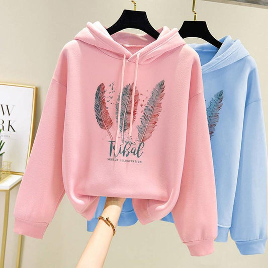Women's Feather Printed Hoodies - Plus Velvet Casual Sweatshirt