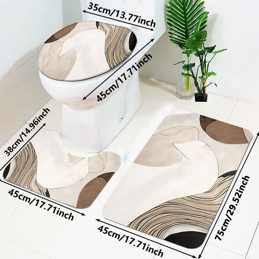 Abstract Art Curved Bathroom Mat Set - Non-Slip & Stylish