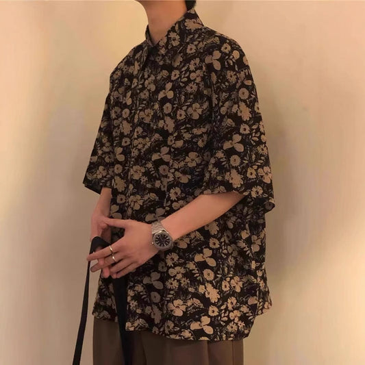 Vintage Floral Print Cuban Collar Beach Shirt