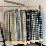 Lamb Velvet Fleece Lined Plaid Wide Leg Pants for Women