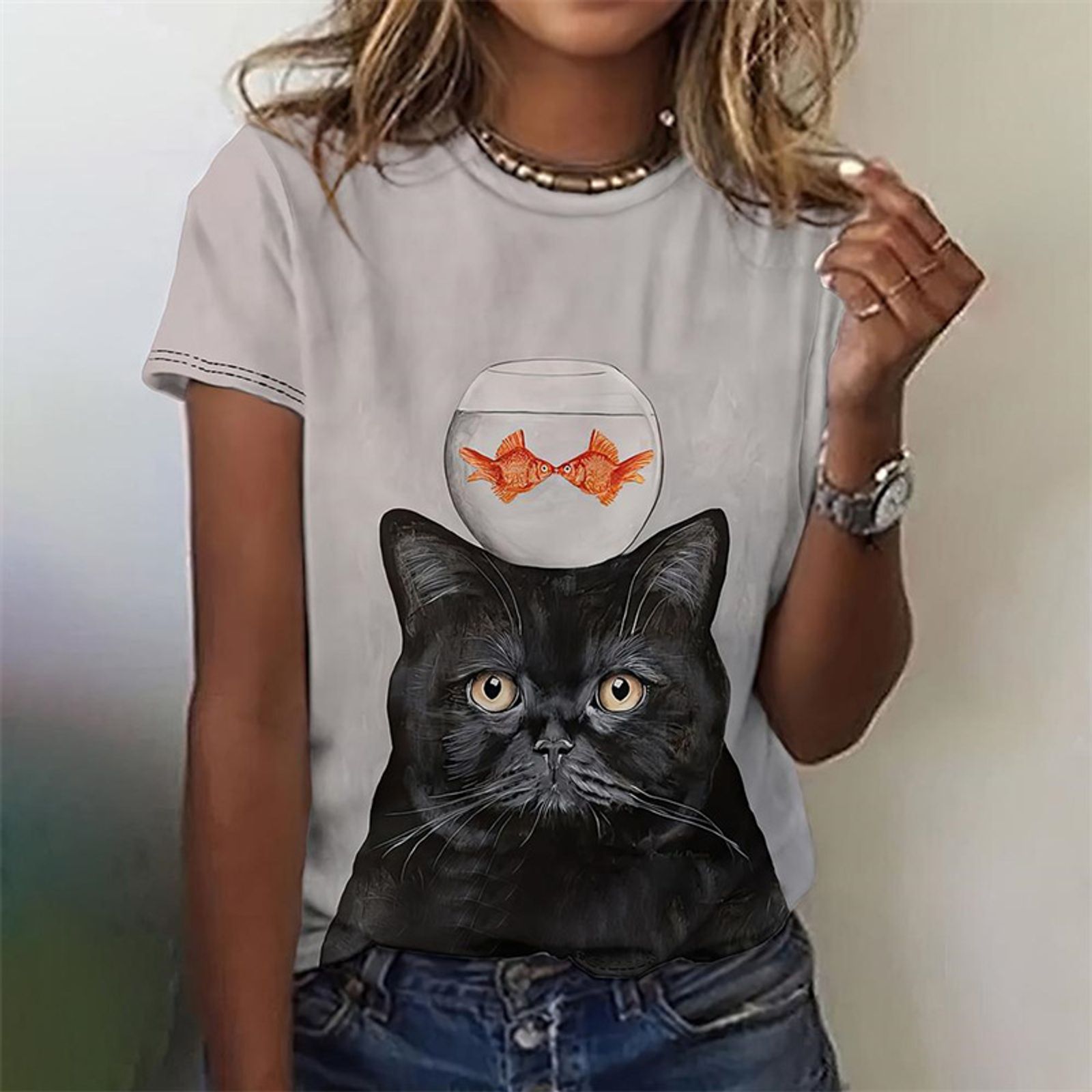 Funny Cat Print T-Shirt for Women