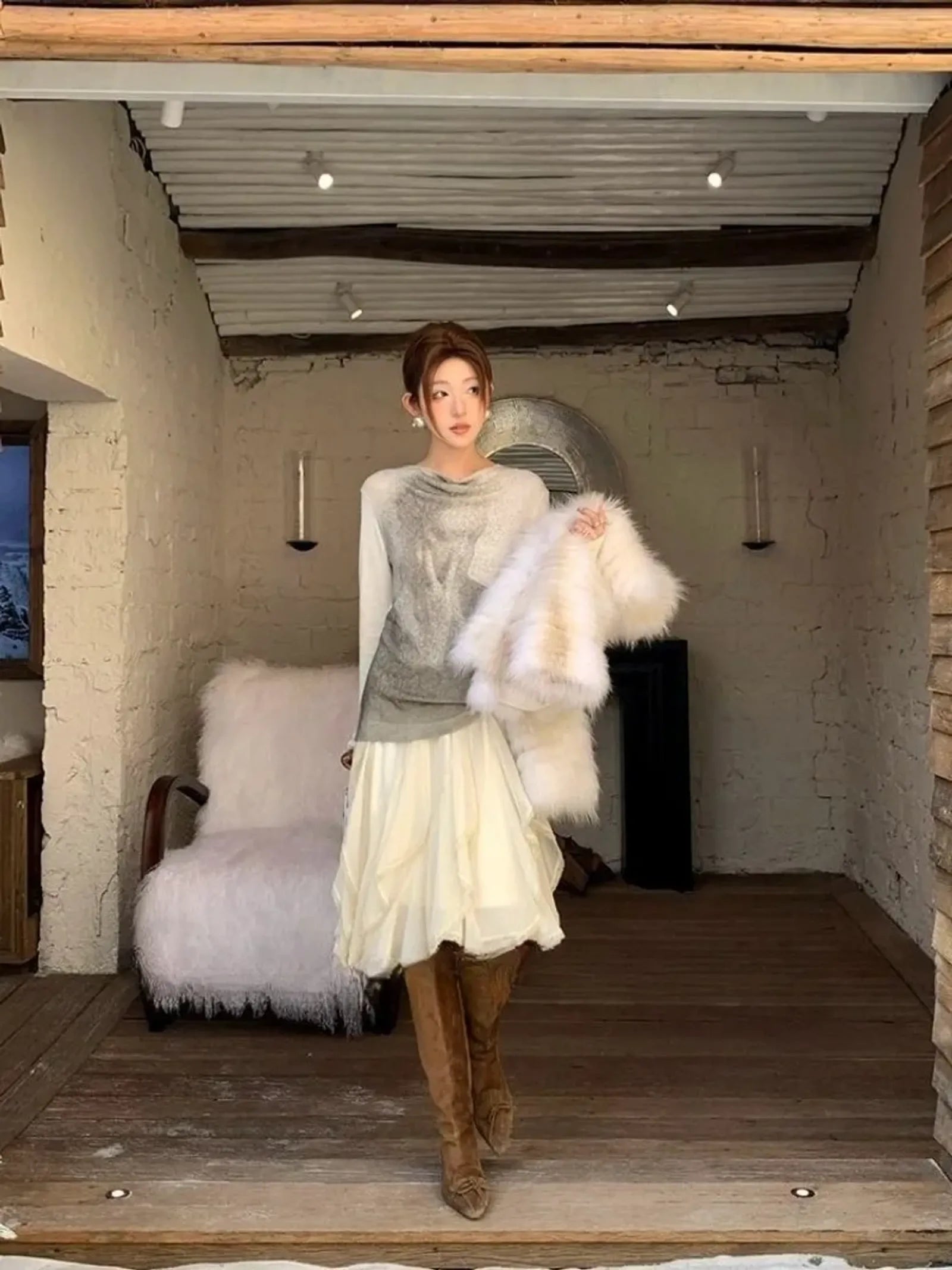 Y2K White Patchwork Lace Midi Skirt for Women