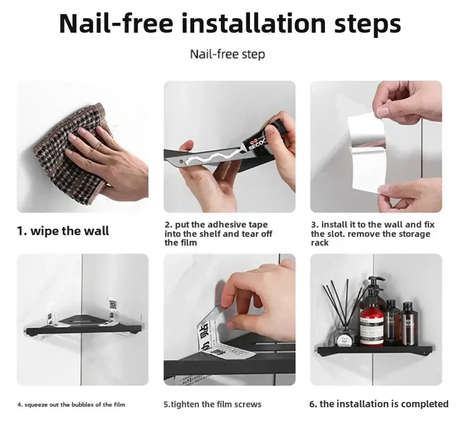 Wall-Mounted Triangle Drain Shelf with Hooks