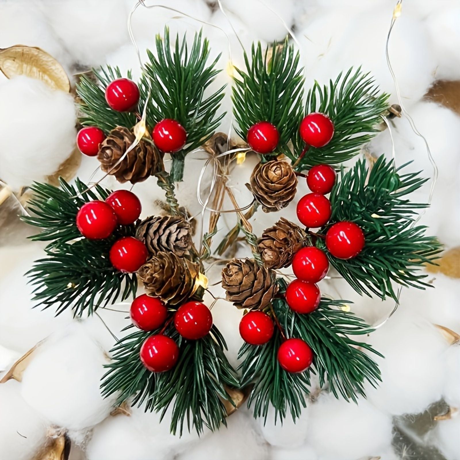 10pcs Artificial Pine Cones & Red Berry Stems for Christmas