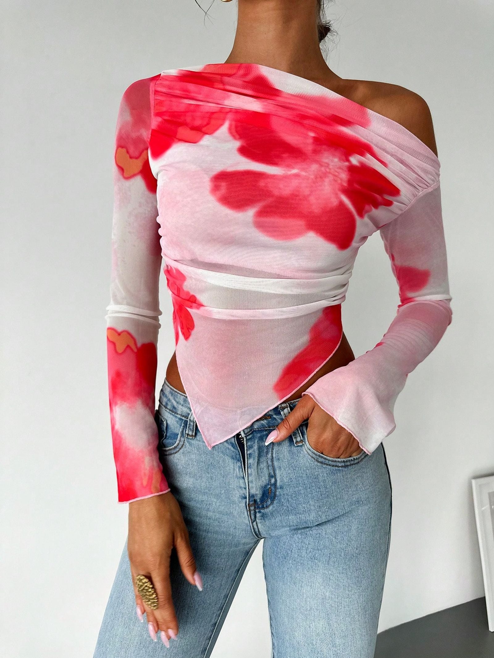 Sweet Spice Mesh Print Off-the-Shoulder Long Sleeve Top