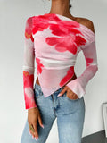 Sweet Spice Mesh Print Off-the-Shoulder Long Sleeve Top