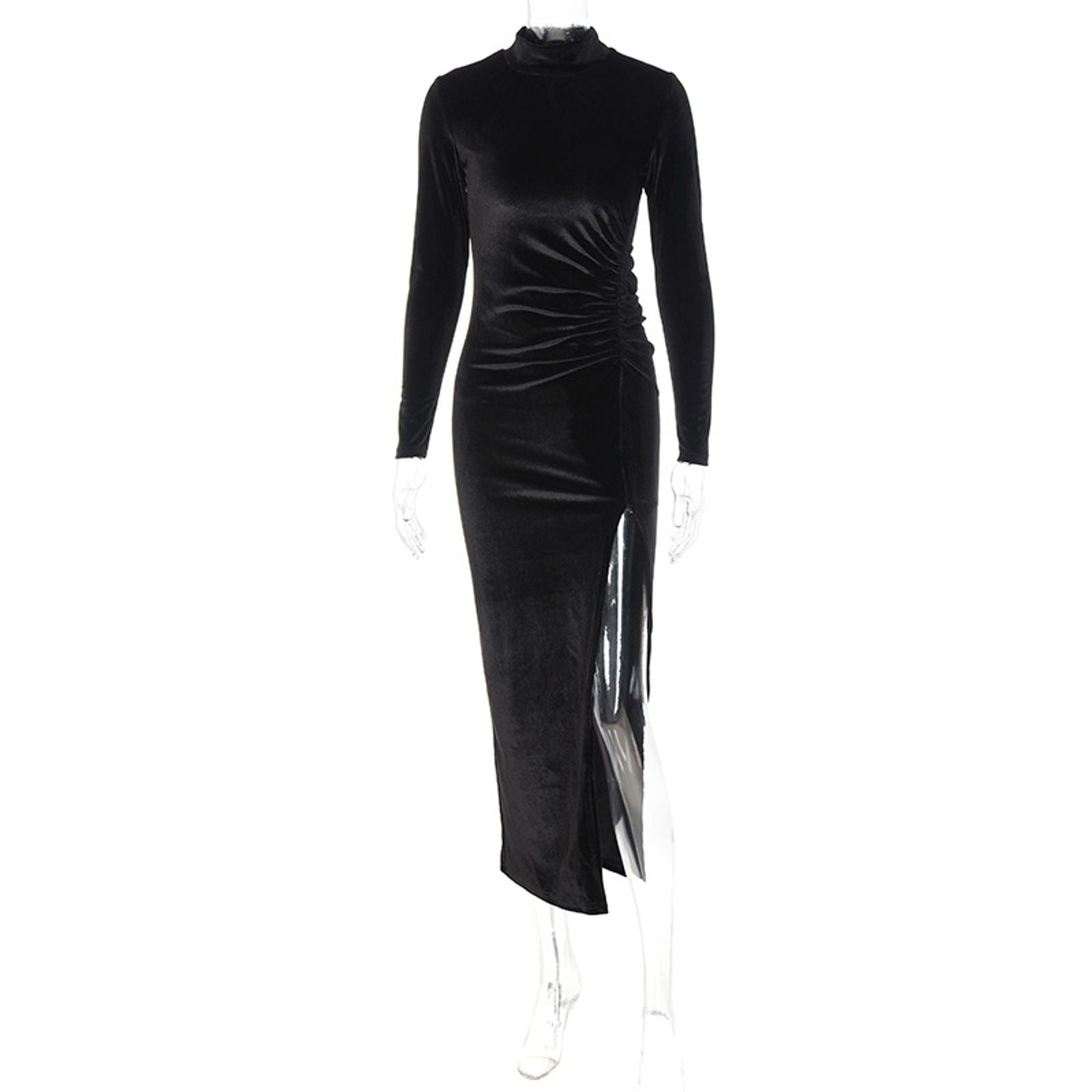 Solid Velvet Long Sleeve Ruched Midi Dress with Side Slit