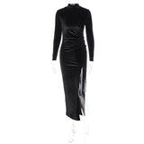 Solid Velvet Long Sleeve Ruched Midi Dress with Side Slit