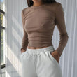 Women’s Ribbed O Neck Long Sleeve Cropped Top