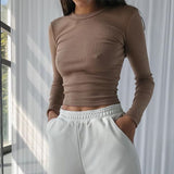 Women’s Ribbed O Neck Long Sleeve Cropped Top