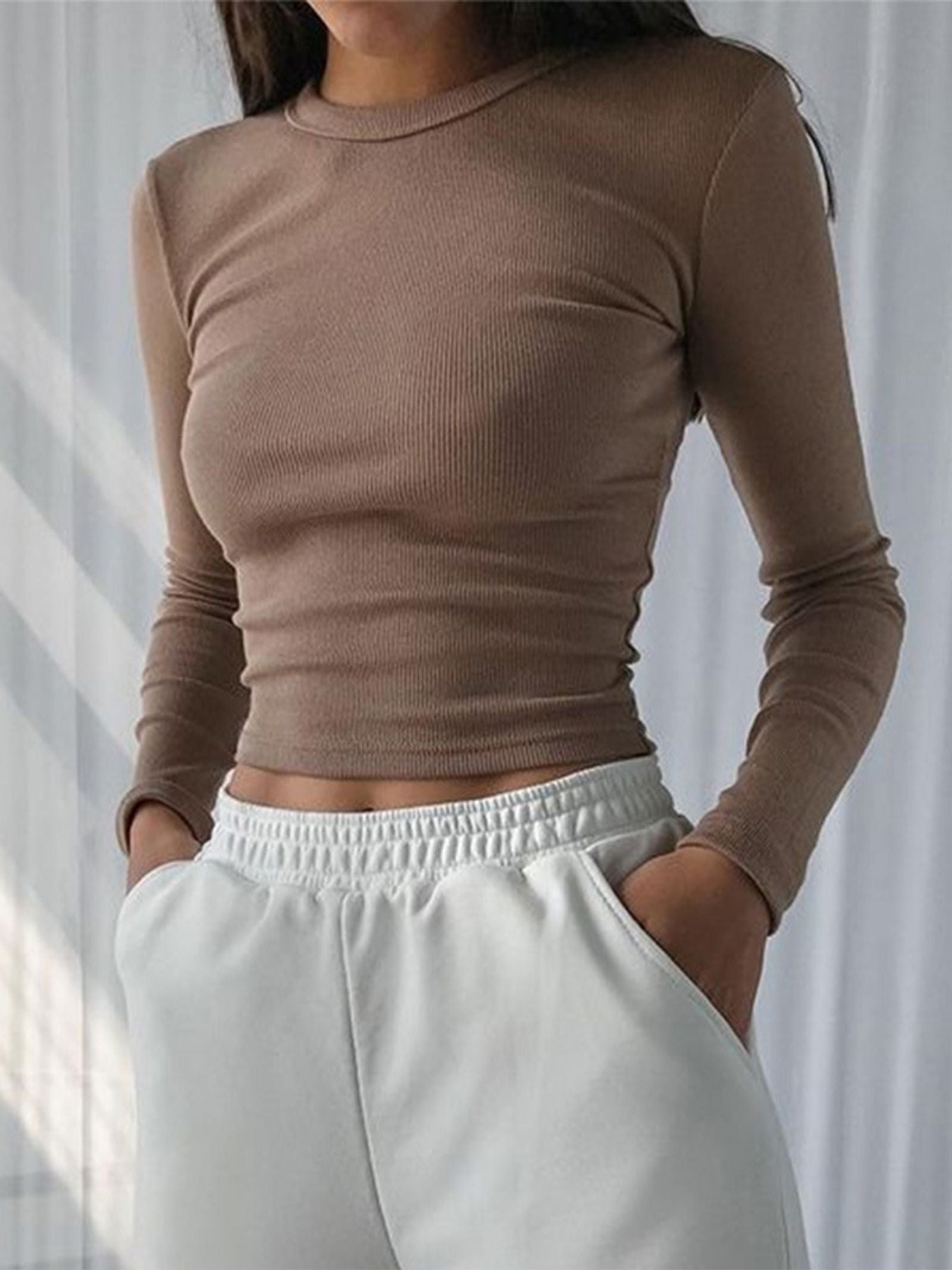 Women’s Ribbed O Neck Long Sleeve Cropped Top