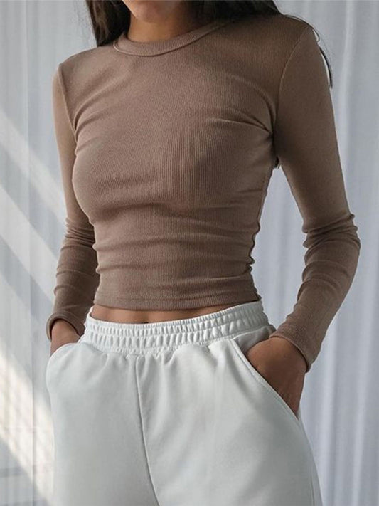Women’s Ribbed O Neck Long Sleeve Cropped Top