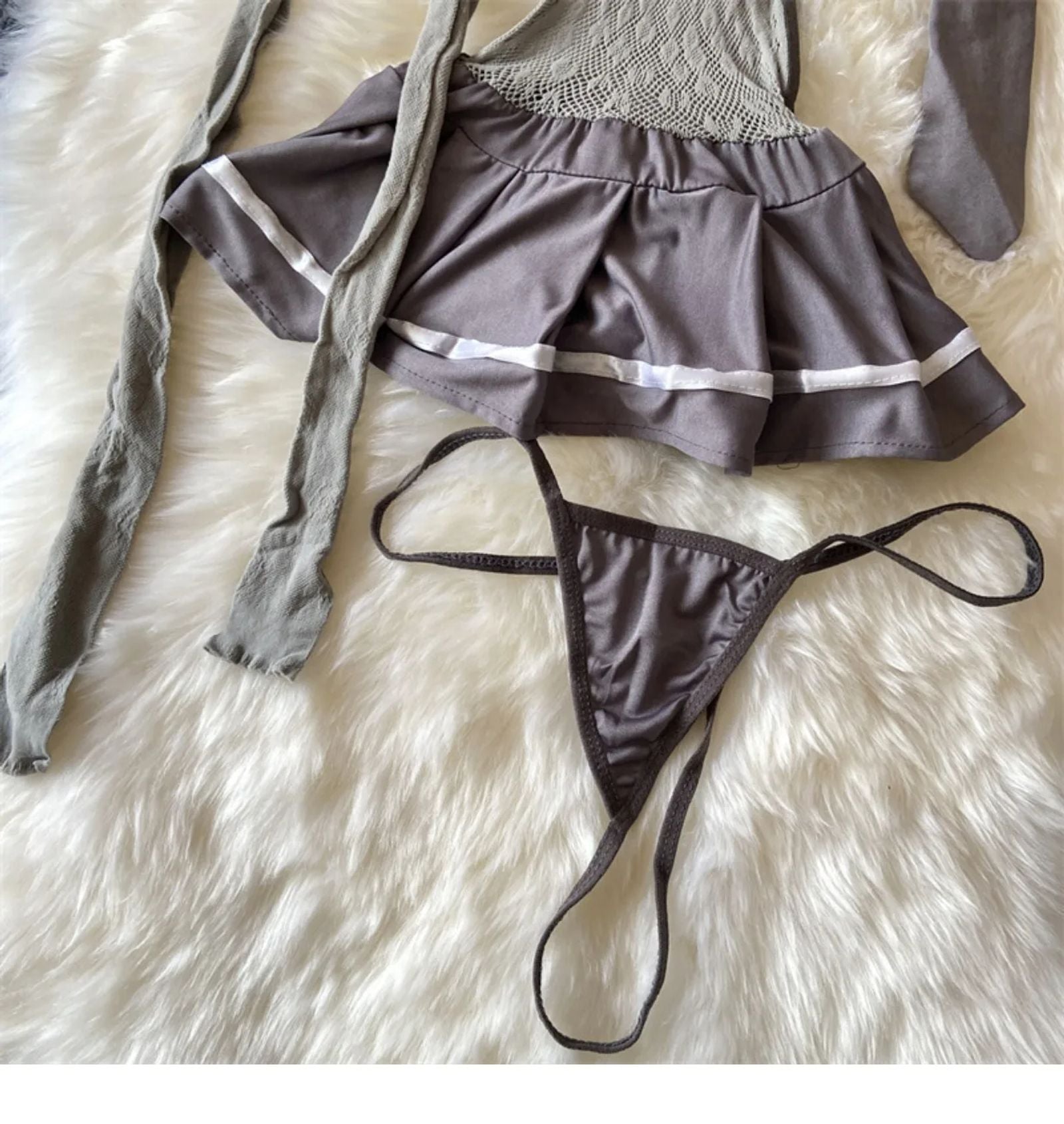 Gray Sexy Hollow Mesh Halter Mini Dress with Stockings