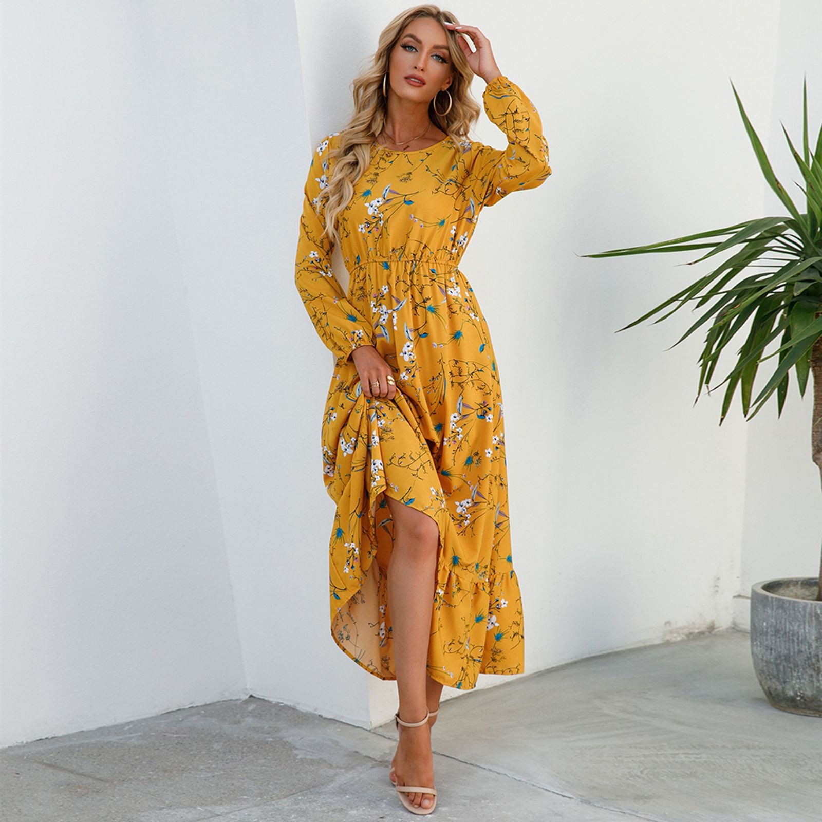 Women’s Bohemian Floral Maxi Dress with Full Sleeves