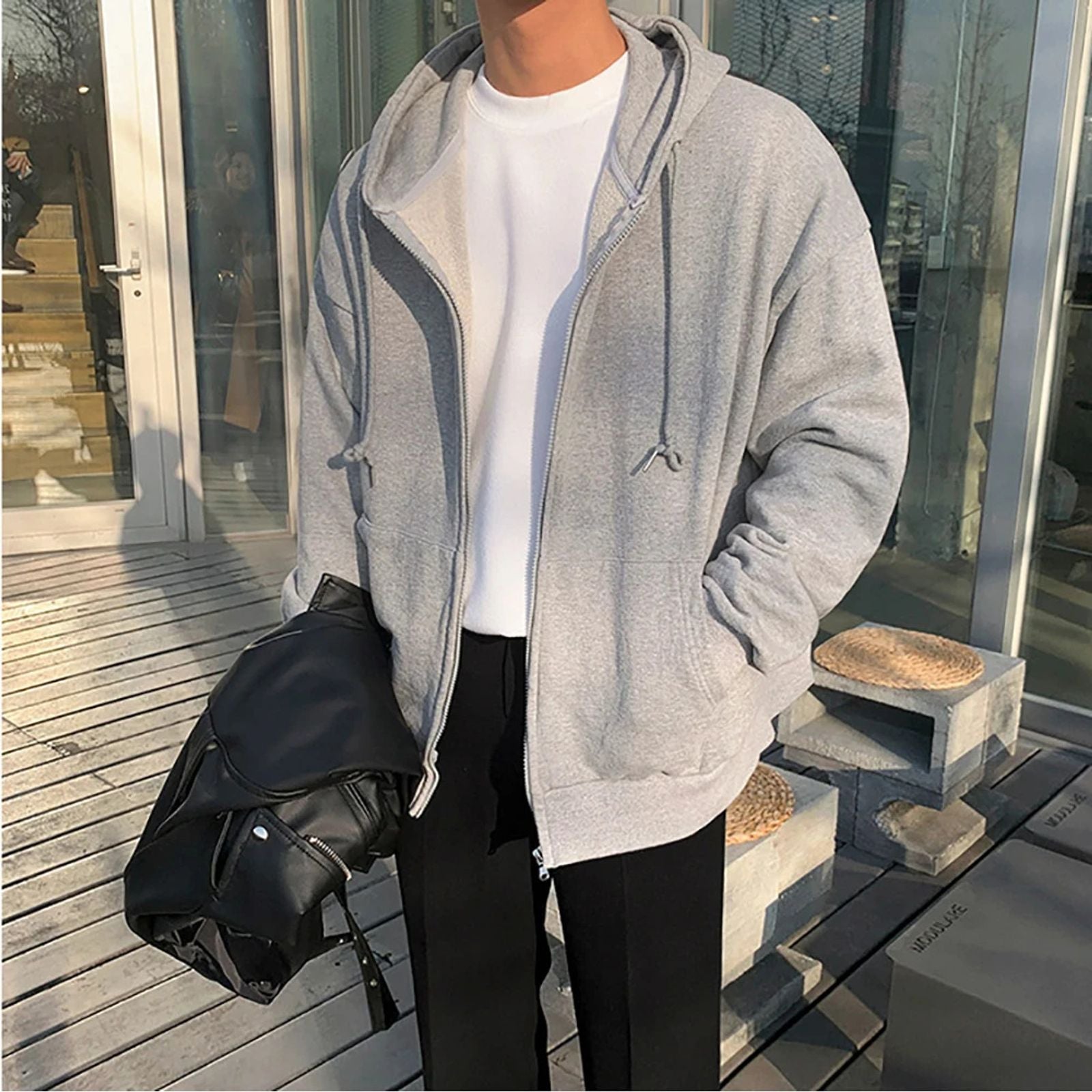 Men's Solid Color Zip-Up Hoodie Jacket