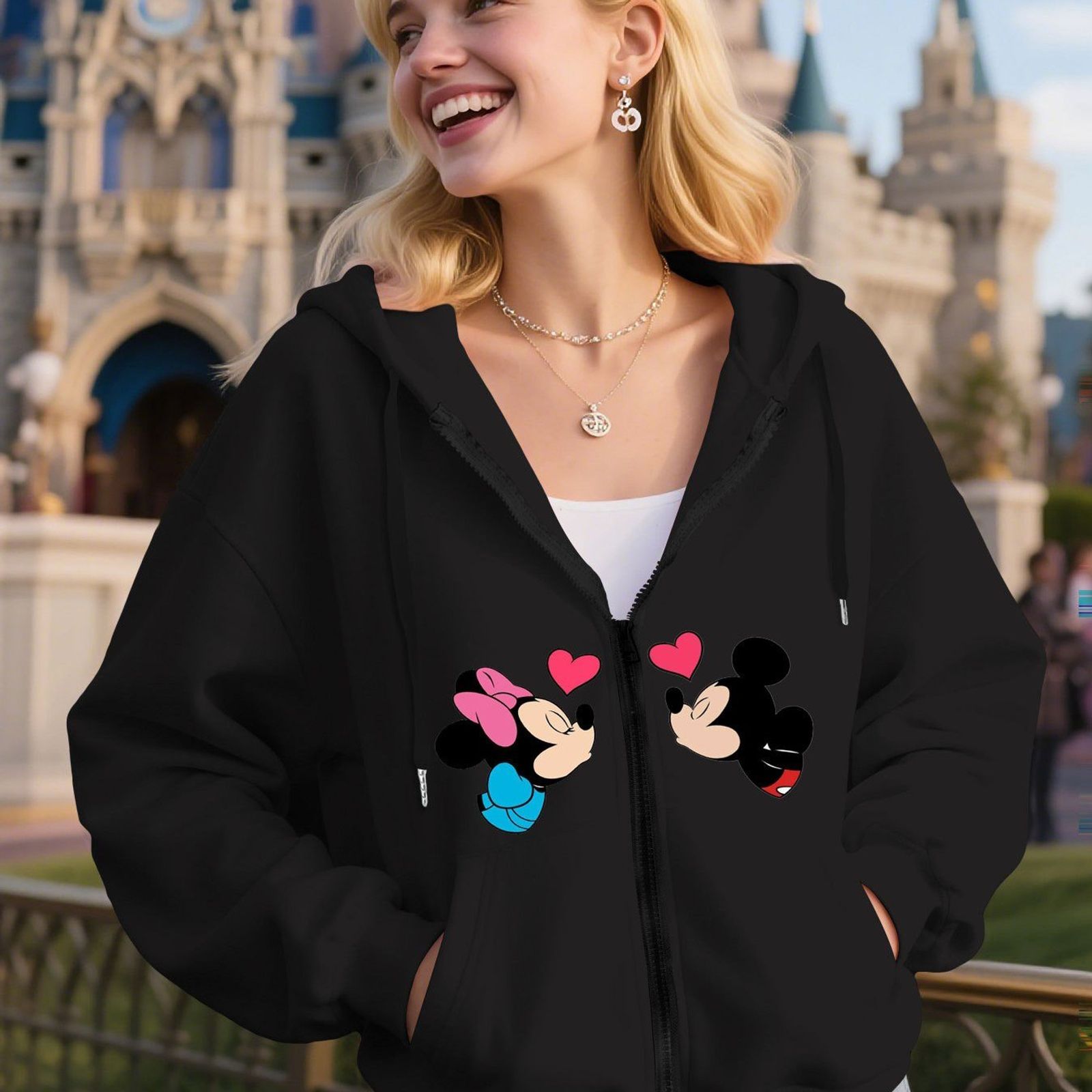 Disney Women's Mickey and Minnie Kiss Pattern Zipper Hoodie