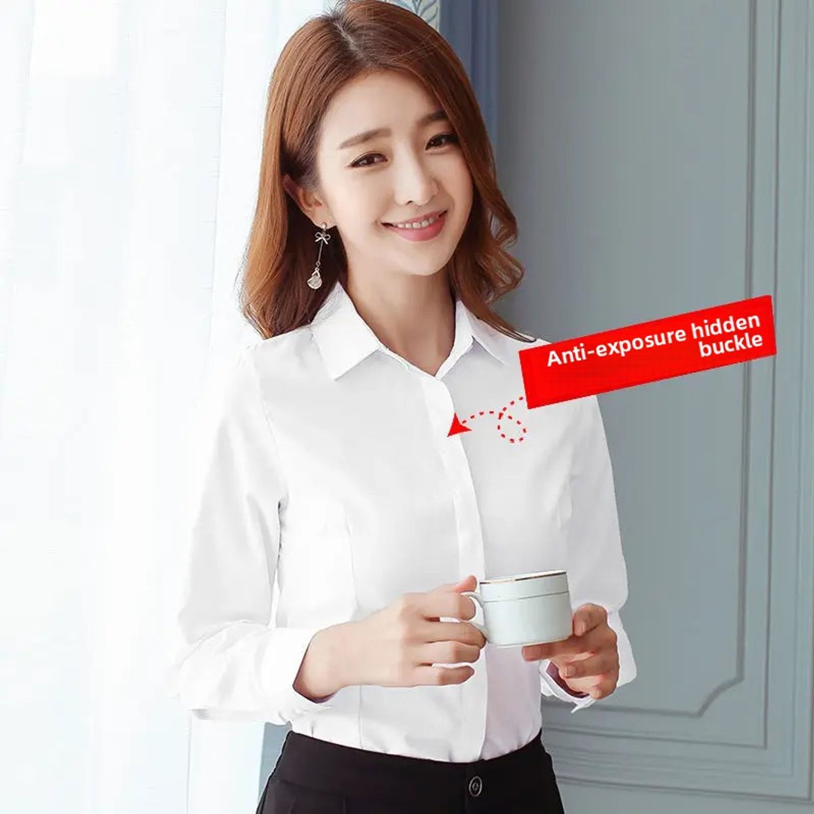 Women's Slim Fit Long Sleeve Korean Style Work Shirt