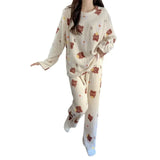Warm Coral Fleece Pajama Set with Peach Bear Print
